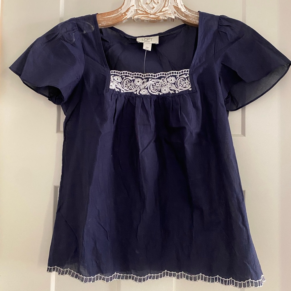 LOFT Navy Blouse with Delicate White Trim